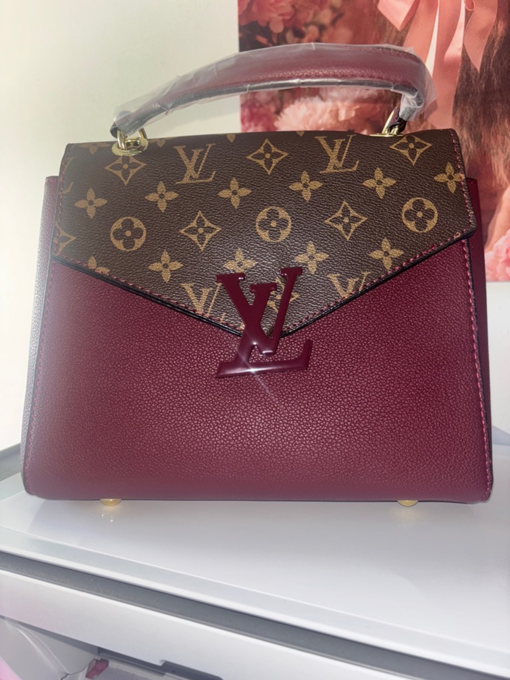 ( Inspired )Louis Vuitton Monogram & Burgundy Top Handle Satchel